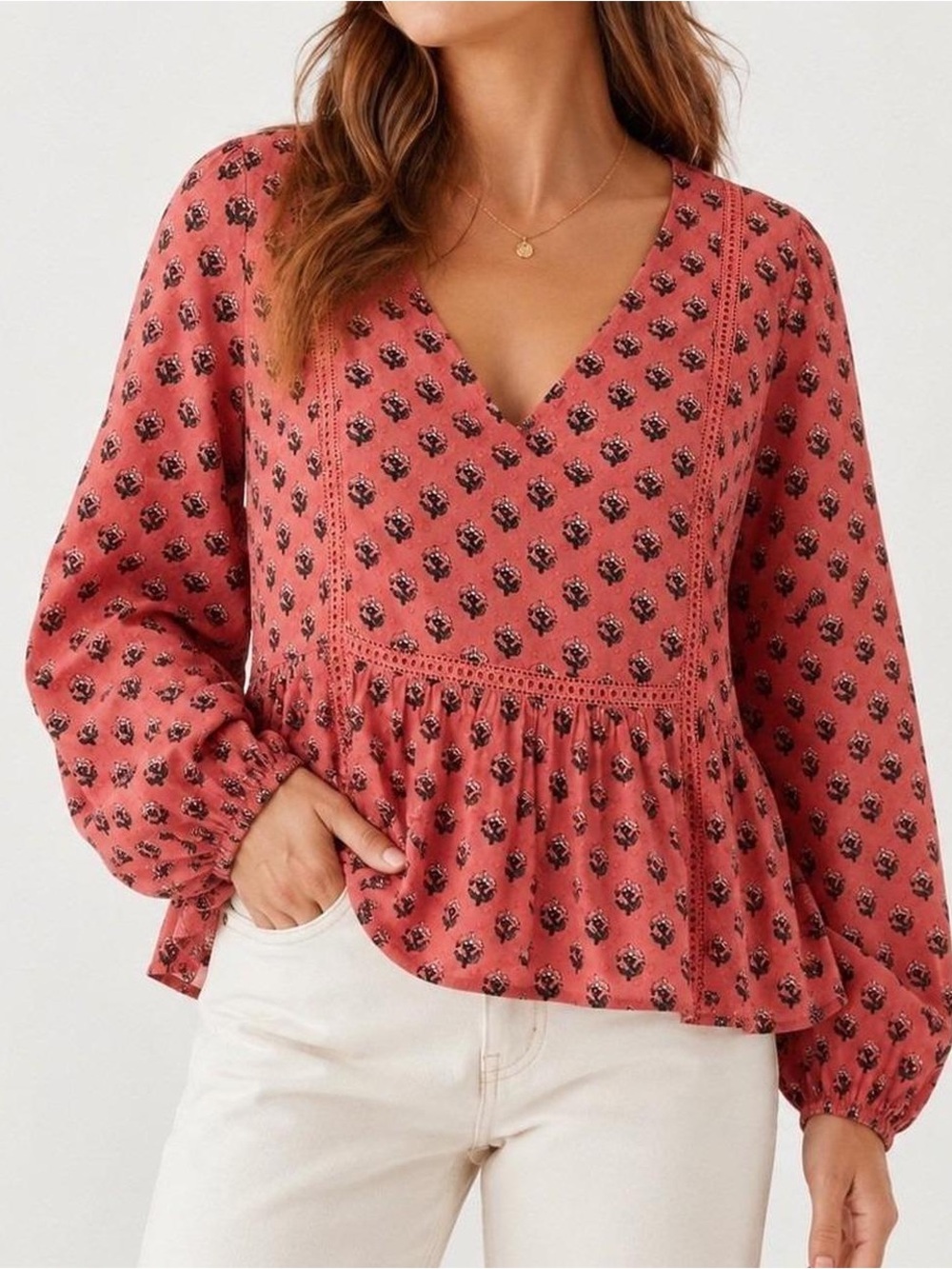 LOFT Plus Floral Swiss Dot Peplum V-Neck Salmon Pink Boho Cottagecore Top Sz 18